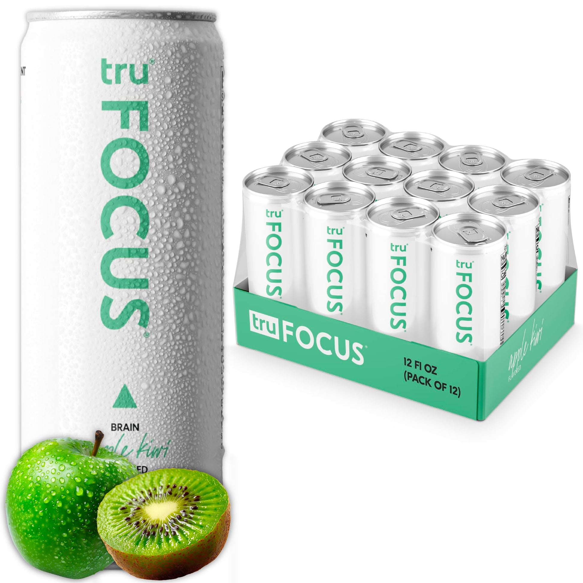 Tru Focus Seltzer, Sparkling Water with Green Tea & Apple Kiwi Juice, 12 FL OZ Cans, 12 Pack, Gluten Free, Vegan, Sugar Free