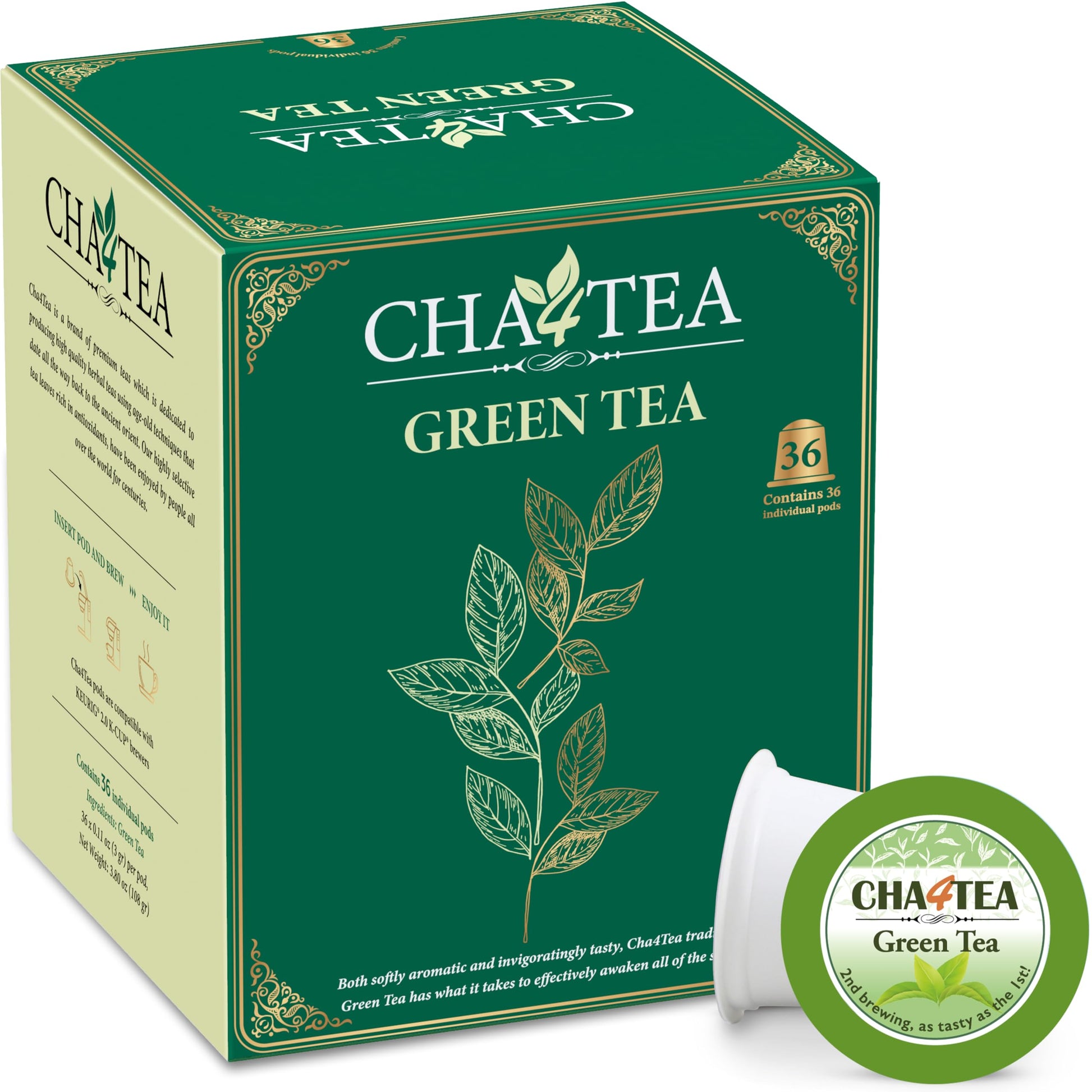 Cha4TEA Green Tea Pods for Keurig K-Cup Brewers, 36 Count, Model TE-001-1