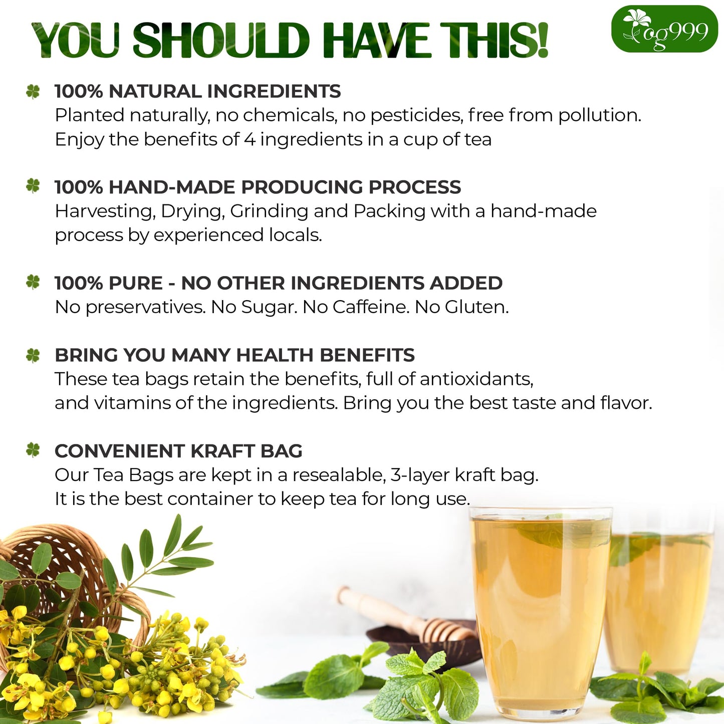 TOG999 Herbal Tea Bags - Natural Blend of Senna, Peppermint, Licorice, Fennel - 100 Bags, Vegan, No Sugar, Caffeine, Gluten