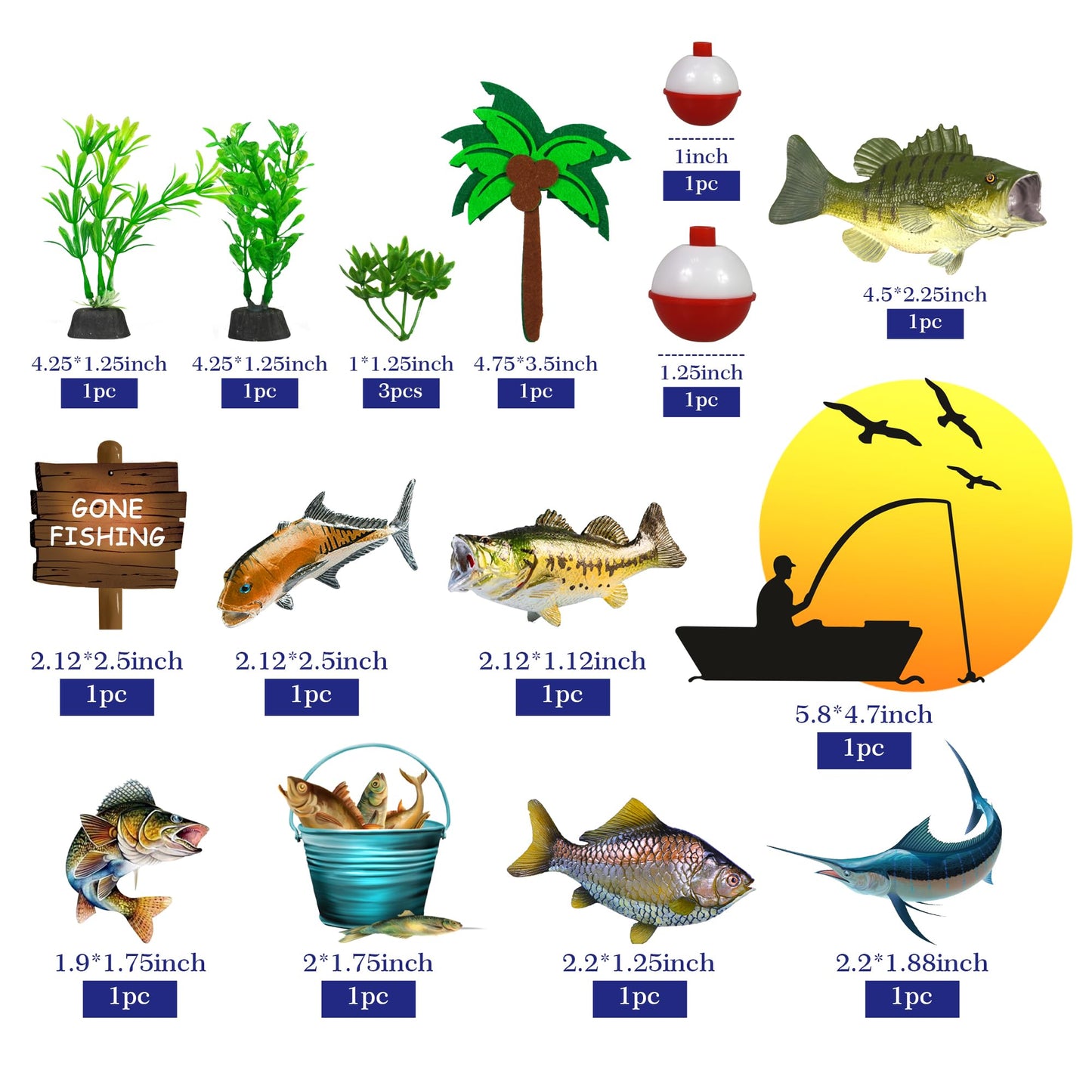 DRWATE 17 PCS Gone Fishing Cake Topper Set, Fisherman Themed Birthday Decorations, Paper, Model GCMGG10007