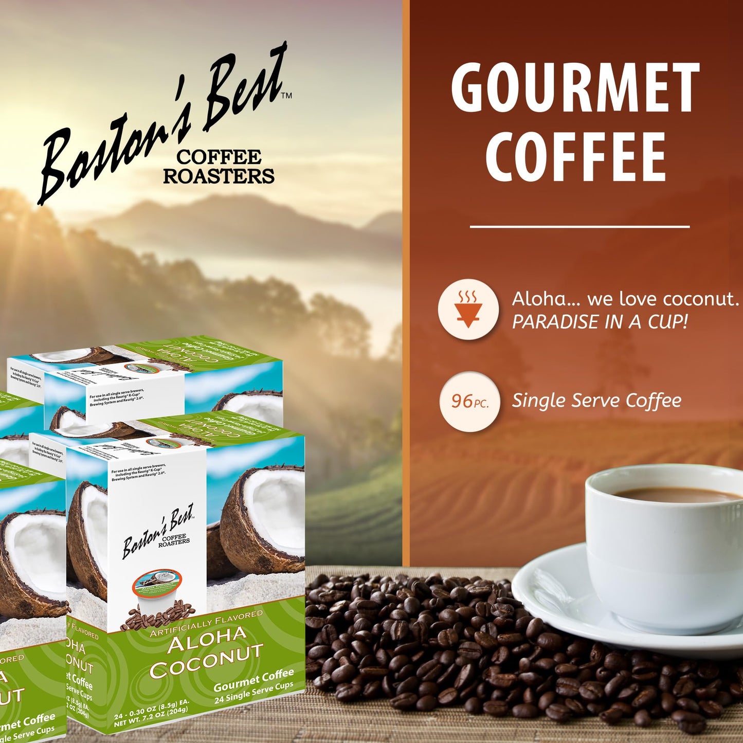 Bostons Best Gourmet Coffee - Aloha Coconut Flavor, Compatible with Keurig, 24 Count (Pack of 4)