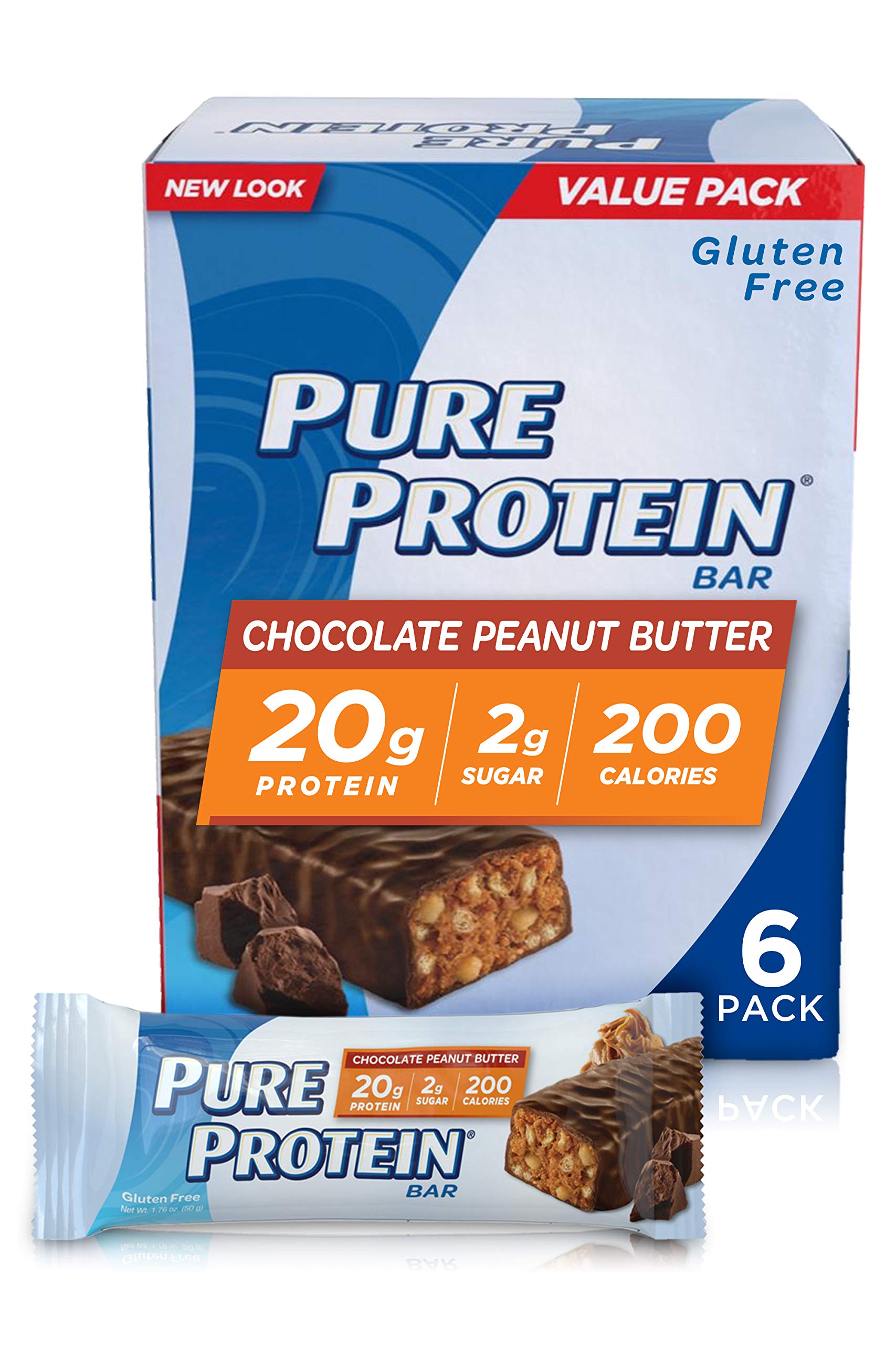 Pure Protein--High Protein Bar Chocolate Peanut Butter--Protein Bars--20 Grams of Protein per Bar--Gluten Free--6-1.76-Ounce Bars