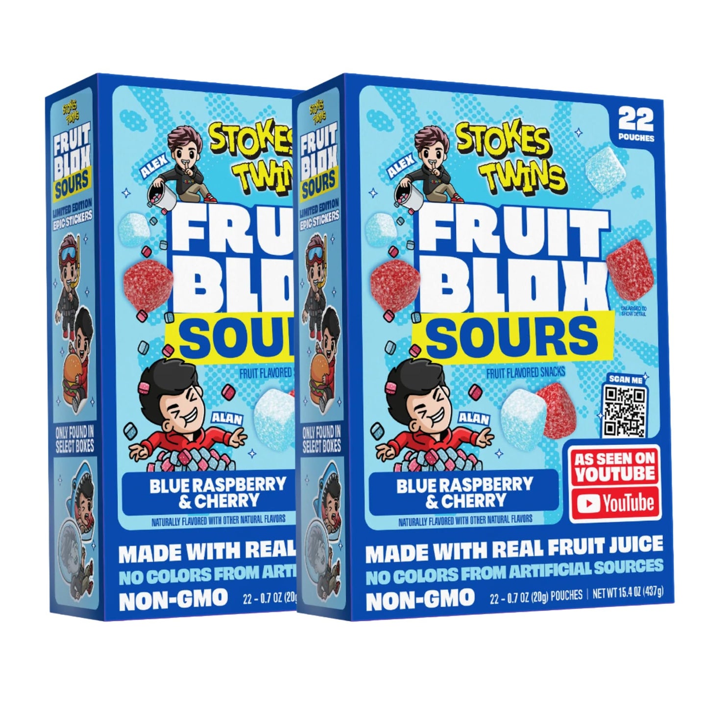 Generic Fruit Blox Sours Snacks, Blue Raspberry & Cherry, Non-GMO, 2 Boxes of 22 Pouches