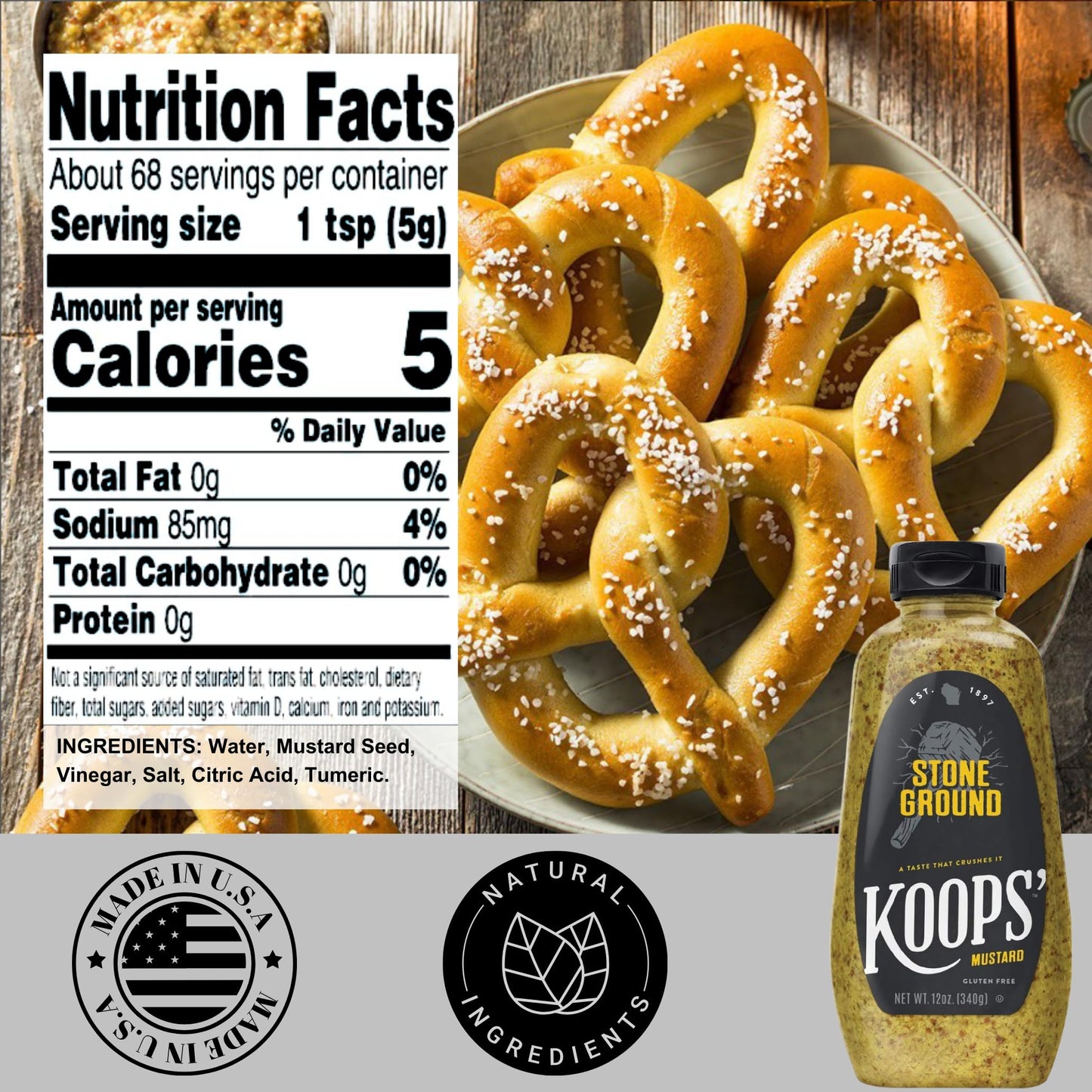 Koops' Stone Ground Mustard - Old-Fashioned Mustard, Gluten-Free, Kosher, Non-GMO, Made in the USA, From Quality Mustard Seeds,