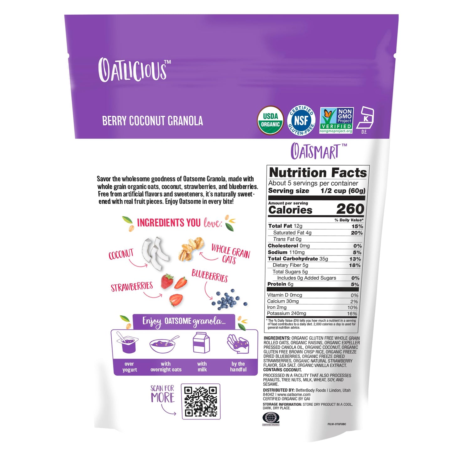 Oatsome Berry Coconut Granola, No Sugar Added, Gluten Free, 6G Protein, Made With Whole Grain Organic Oats, Coconut, Strawberrie