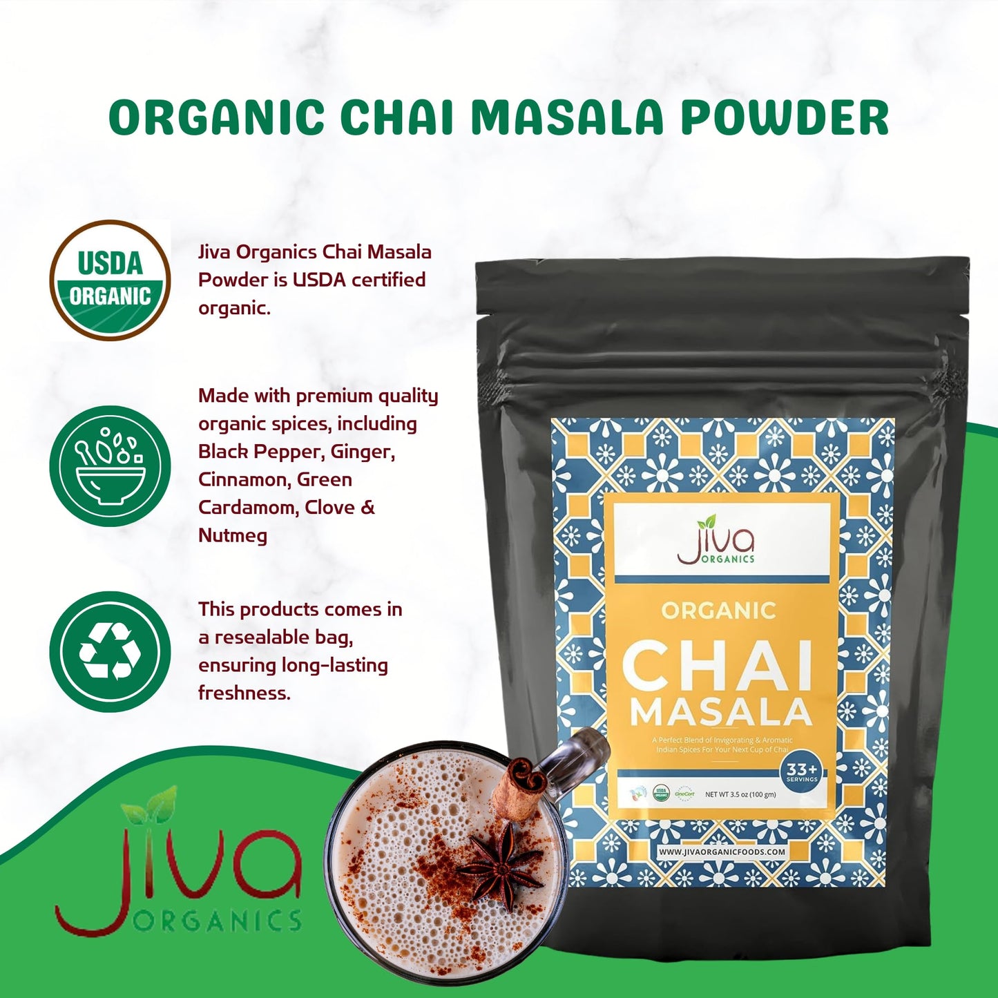 Jiva Organic Traditional Masala Chai Tea Powder Spice Blend 3.5 Ounce - Made With All Organic Spices - Easy Indian Tea Preparati