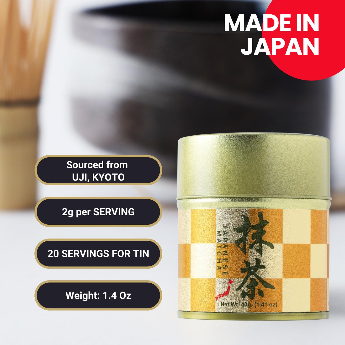 Matcharl Kyoto Uji Matcha Powder - Ceremonial Grade Green Tea, First Harvest, Stone-Milled, 40g / 1.4oz
