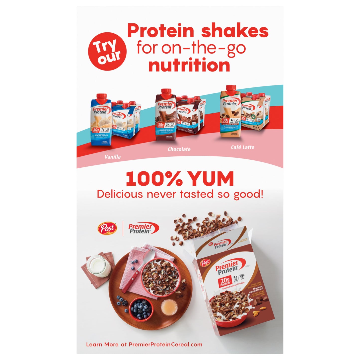 Post Premier Protein Mixed Berry Almond Cereal, Protein Cereal Flakes Mixed with Dried Berries and Sliced Almonds, Contains 20g