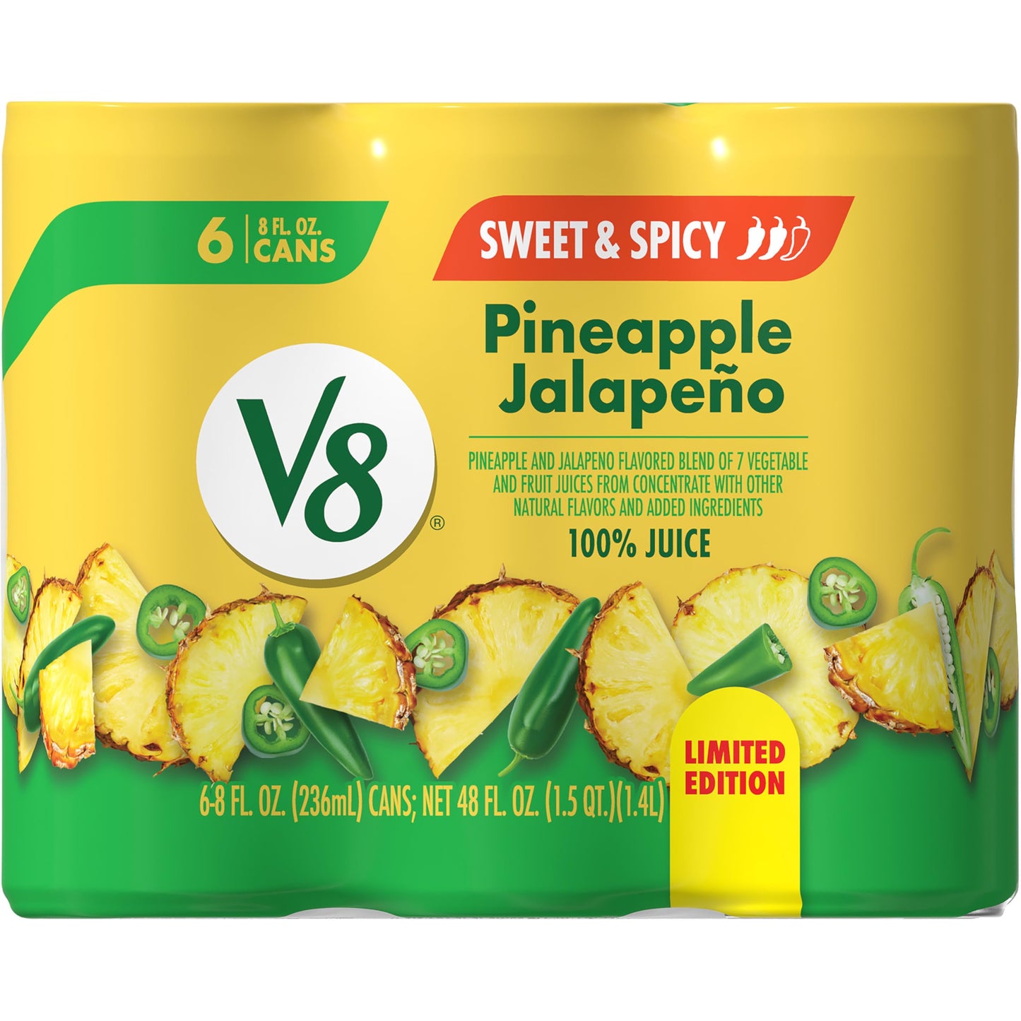 V8 Pineapple Jalapeno 100% Fruit and Vegetable Juice, 8 fl oz Can (6 Pack)