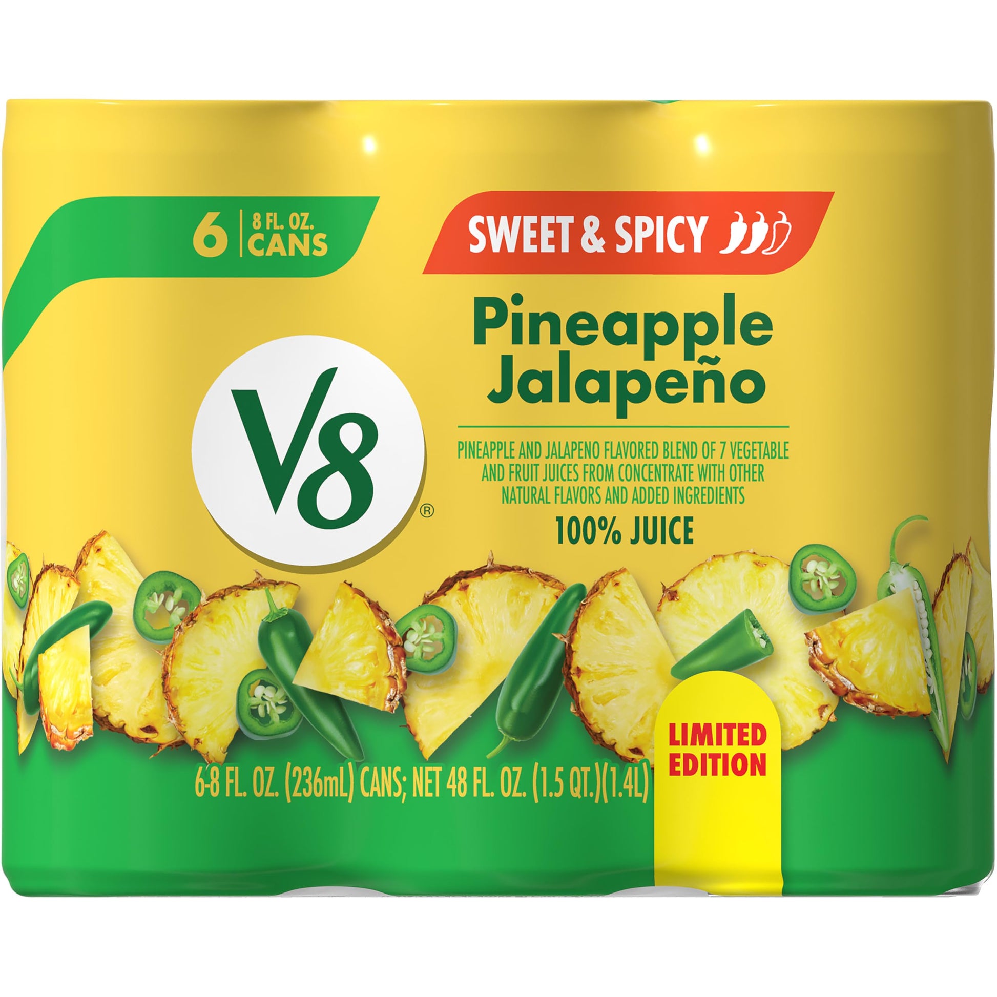 V8 Pineapple Jalapeno 100% Fruit and Vegetable Juice, 8 fl oz Can (6 Pack)
