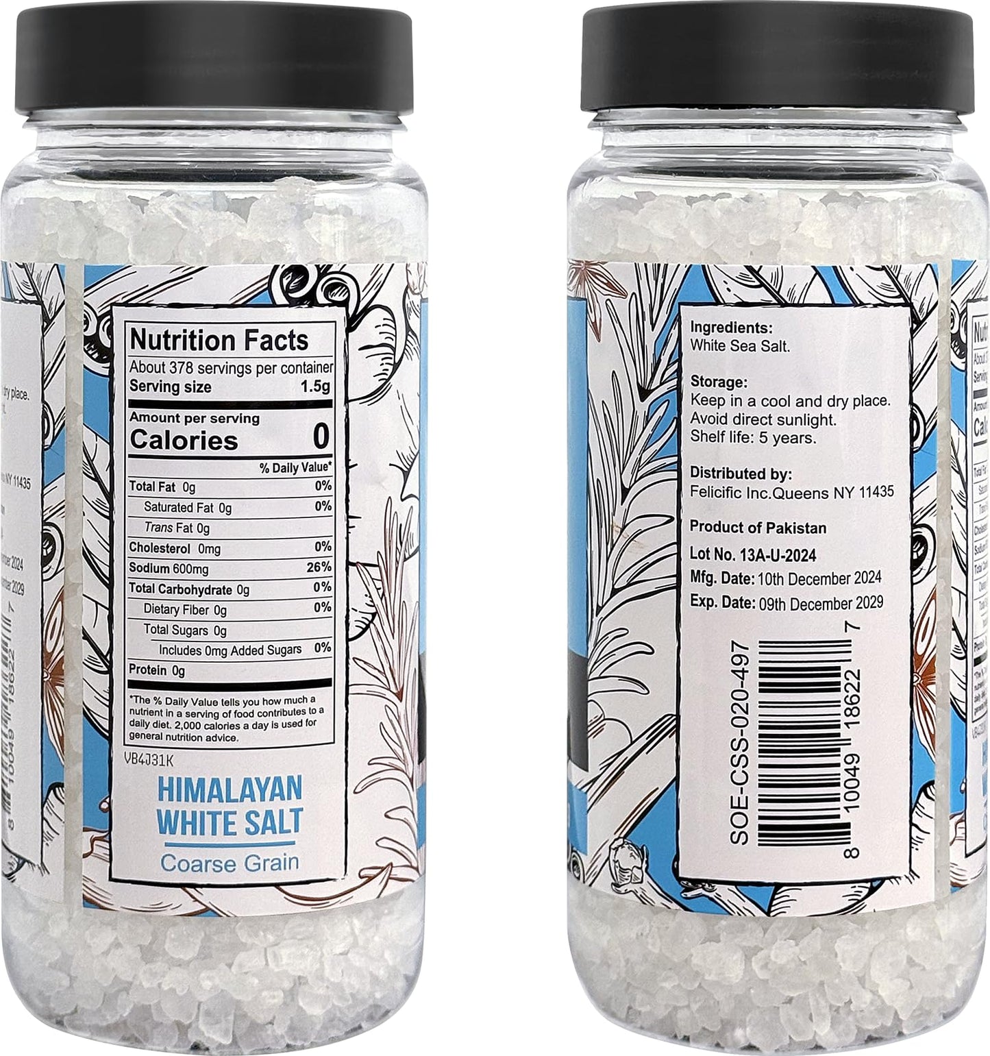 Soeos Sea Salt, Coarse Grain, 20 Oz (1.25 Pound), Non-GMO, Nature Himalayan White Salt, Rock Salt for Grinder Refill (Pack of 1)