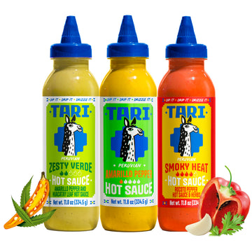 Tari Hot Sauce - Rocoto & Amarillo Pepper Variety Pack - Aji Amarillo + Zesty Verde + Smoky Heat - 11.8oz each (3Pk)