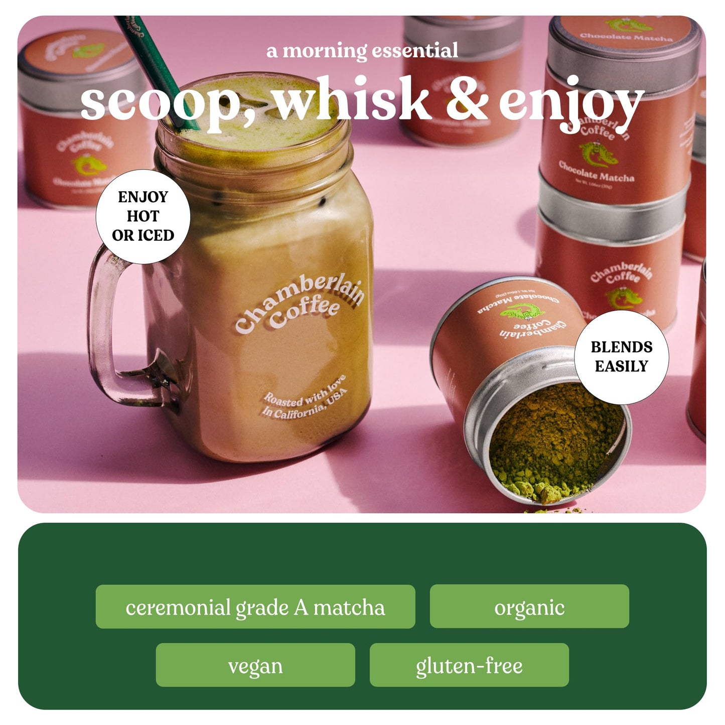 Chamberlain Coffee Chocolate Matcha Green Tea Powder - Rich Cocoa + Ceremonial Grade Matcha - Hot Or Iced - Organic, Vegan & Glu