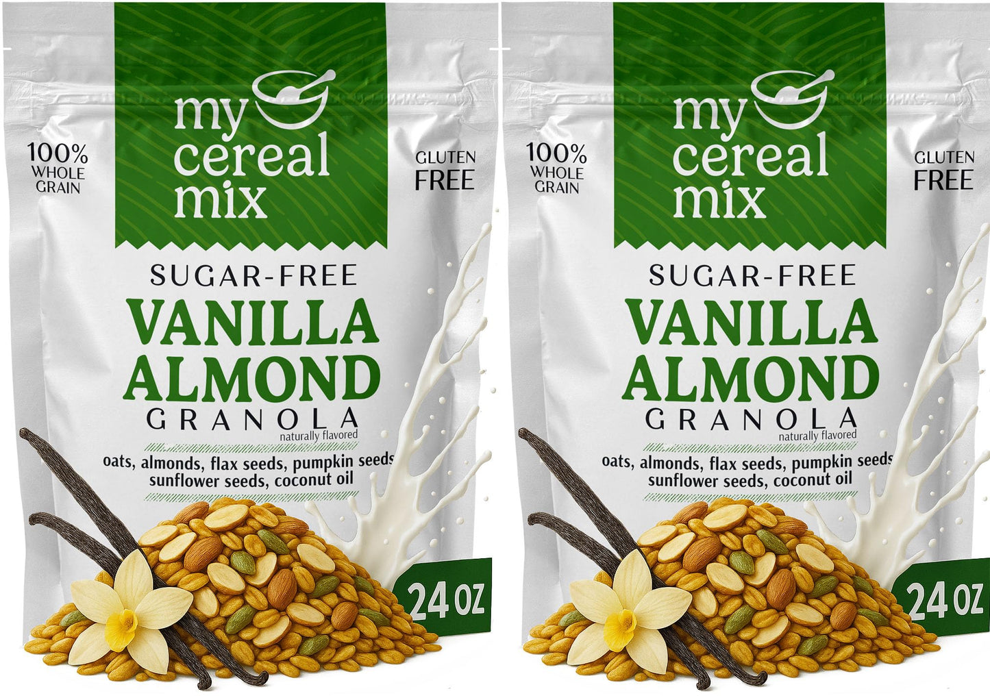 MyCerealMix Sugar Free Vanilla Almond Granola - 2 Pack (48oz Total) - Vegan, Gluten Free - Diabetic Friendly Granola for Yogurt 