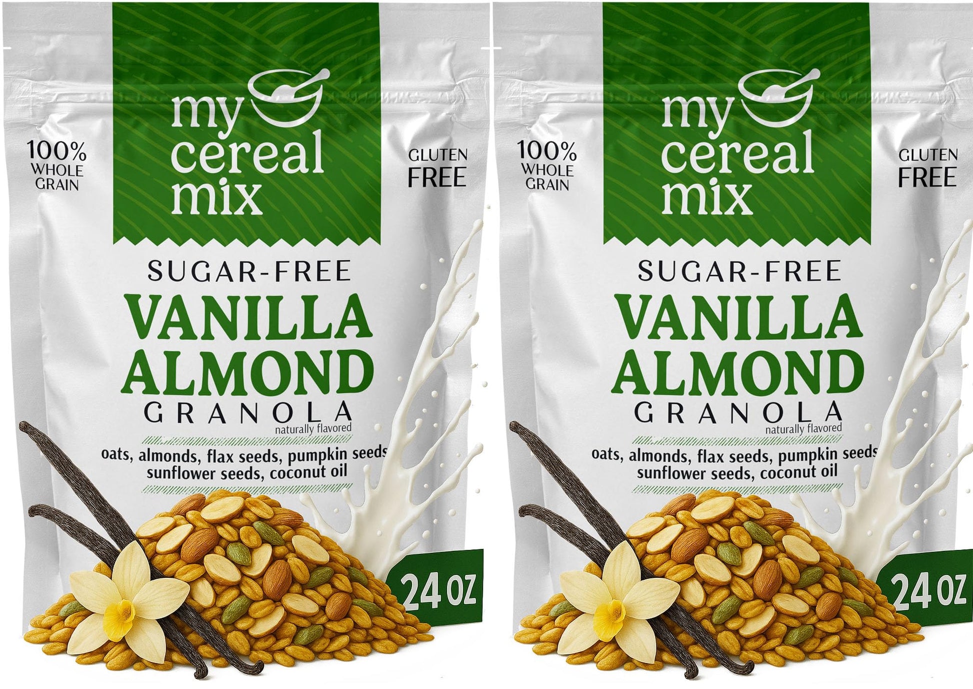 MyCerealMix Sugar Free Vanilla Almond Granola - 2 Pack (48oz Total) - Vegan, Gluten Free - Diabetic Friendly Granola for Yogurt 