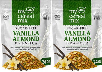 MyCerealMix Sugar Free Vanilla Almond Granola - 2 Pack (48oz Total) - Vegan, Gluten Free - Diabetic Friendly Granola for Yogurt 