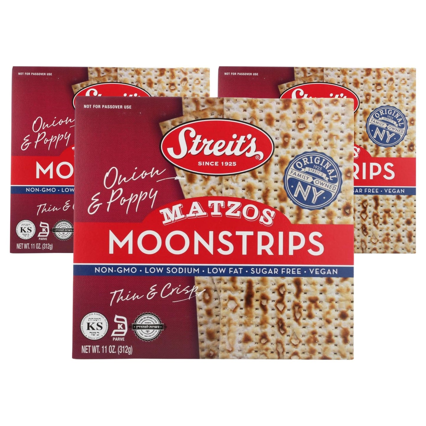 Streits Moonstrips Onion & Poppy Matzo - Thin & Crispy, Non-GMO, Low Sodium, Low Fat, Vegan, Family Owned, Kosher Certified (11