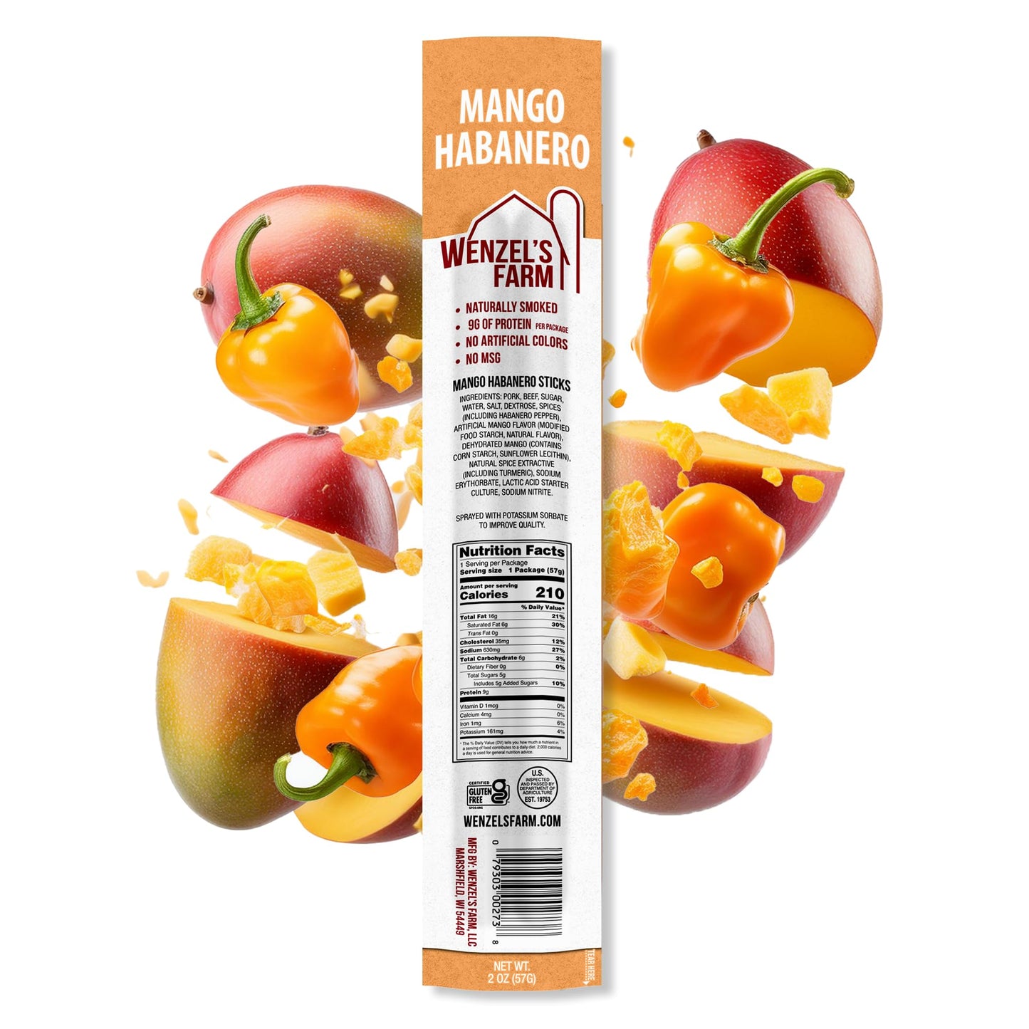 Wenzels Farm Mango Habanero Sticks - High Protein, Low Carb, Gluten Free - 16 oz (16 sticks)