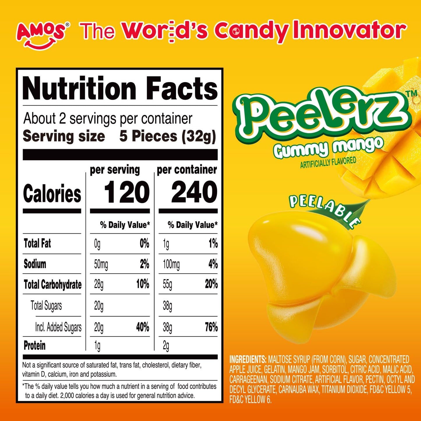 Amos Peelerz Mango Gummy Candy, Peeleble Gummy Mango Peeling Candy,Resealable 2.19Oz Bag (Pack Of 3)