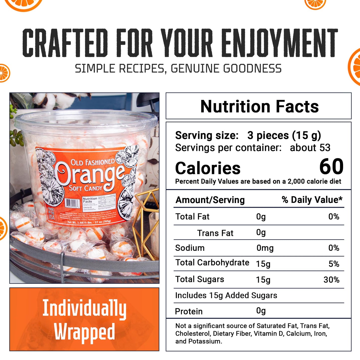 Stewart Old Fashioned Orange Flavored Pure Sugar Candy Puff Balls - Individually Wrapped Candy Snack, Fat-Free, Cholesterol-Free