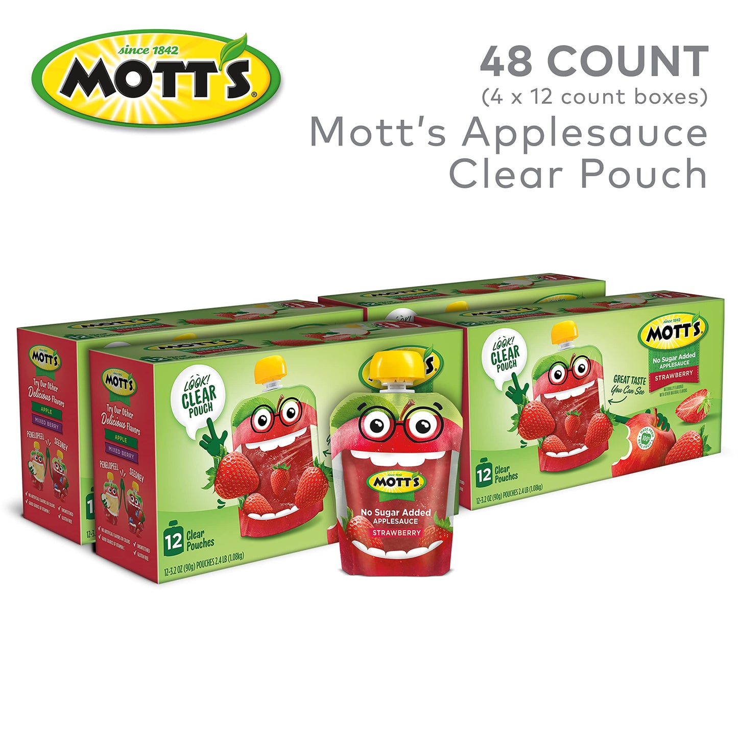Motts No Sugar Added Strawberry Applesauce, 3.2 Oz Clear Pouches, 48 Count (4 Packs Of 12), Good Source Of Vitamin C, No Artifi