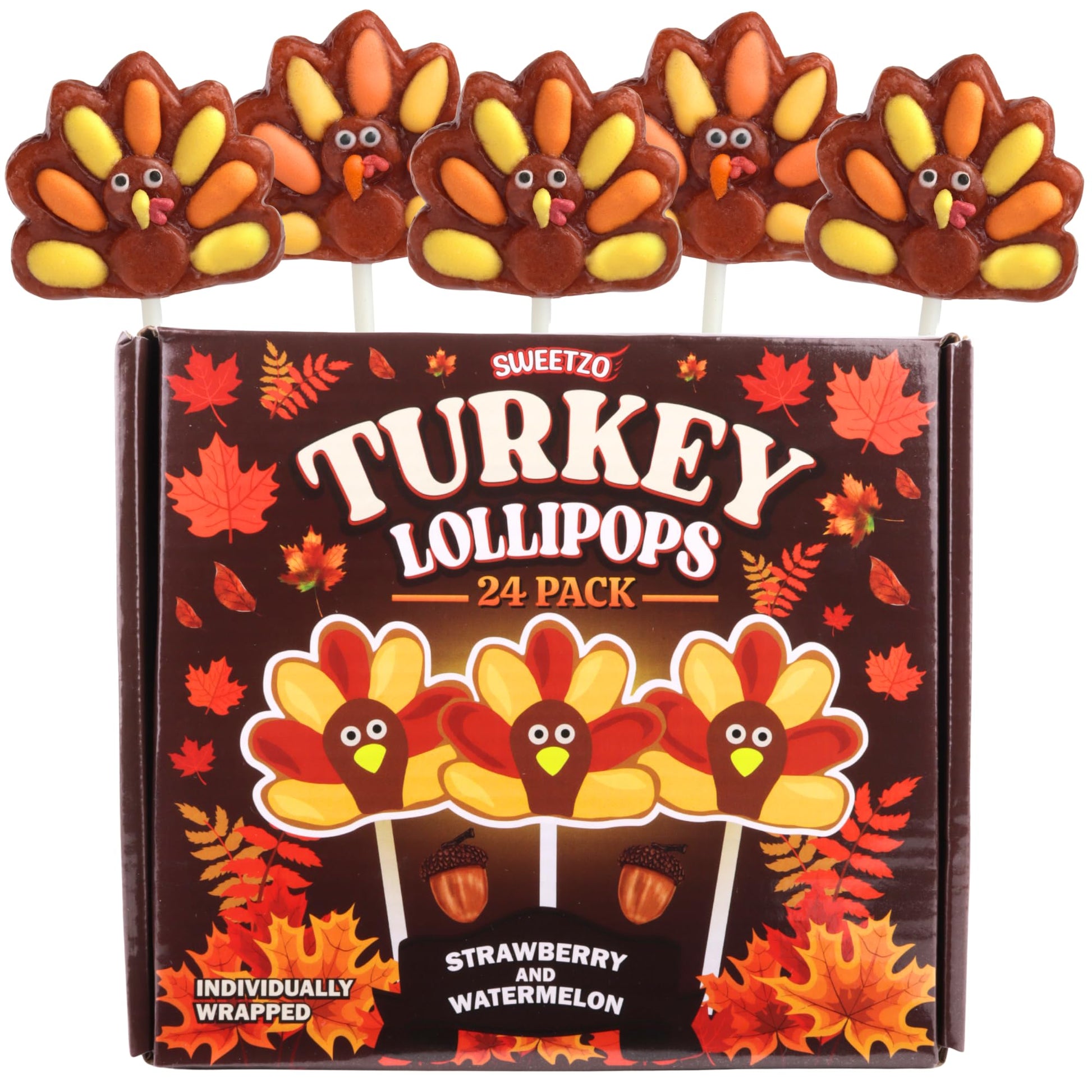 Turkey Lollipops  Individually Wrapped Thanksgiving and Fall Themed Candy  Strawberry and Watermelon Flavored  24 Suckers