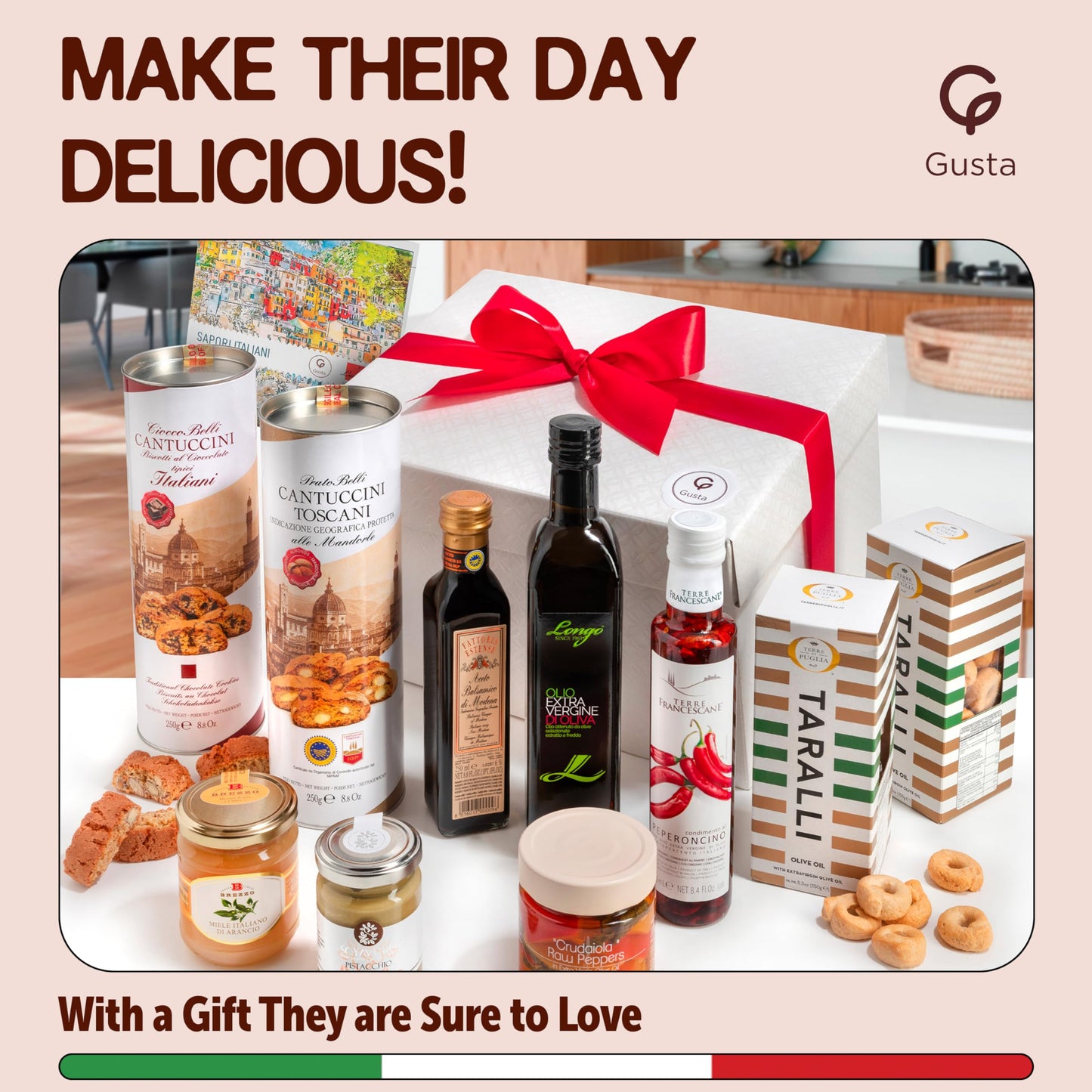 Gusta Italian Gift Basket In Deluxe Packaging - Made In Italy - Holiday Gift For Birthdays, Families, Clients, Parties, Housewar