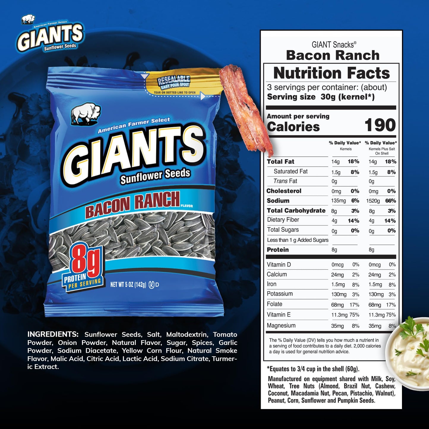 GIANTS Bacon Ranch Flavored Sunflower Seeds, 5 oz Pack of 12, Model 38685