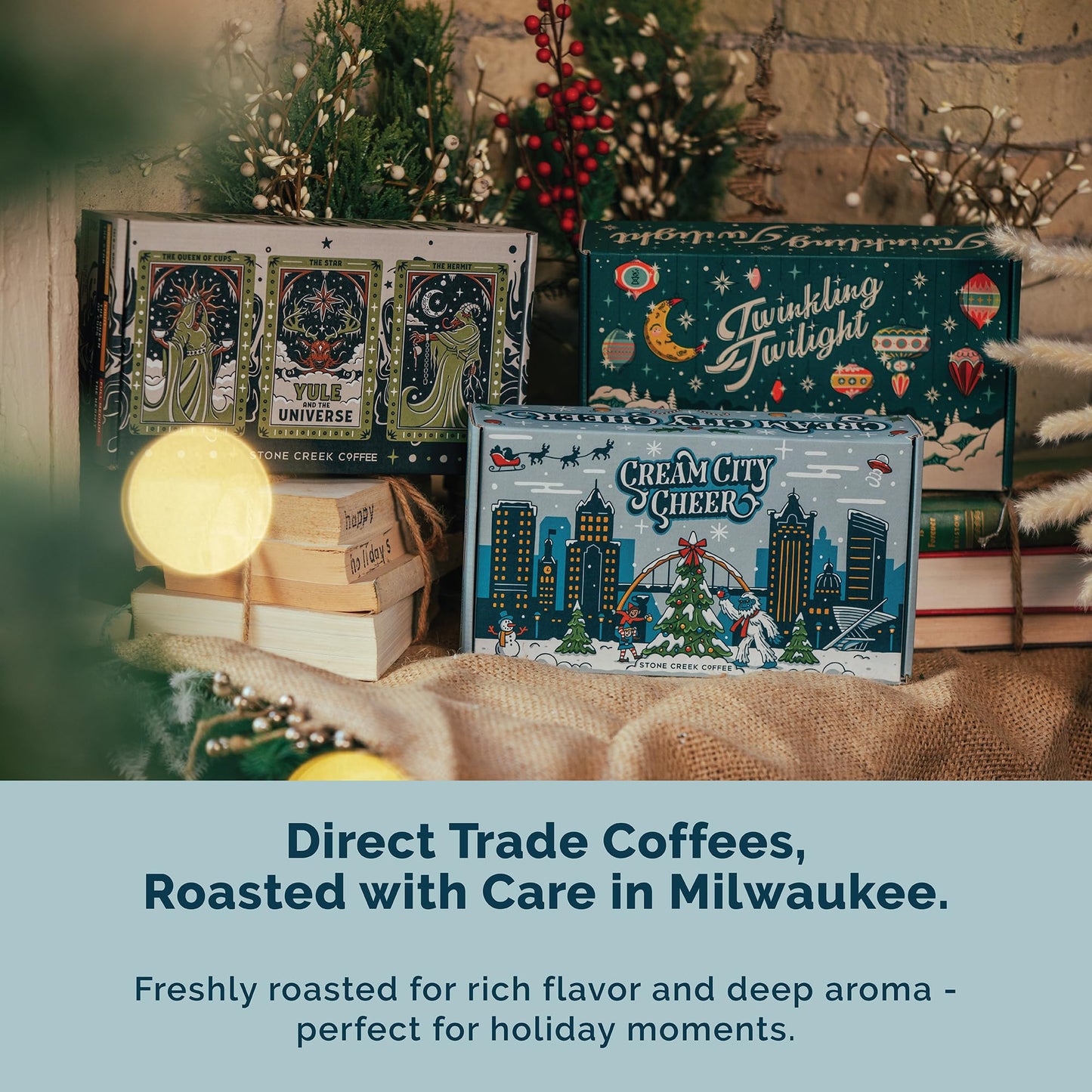 Stone Creek Coffee Cream City Cheer Box Dark, Medium And Light Roast, (8 Oz, Pack Of 3) – Whole Bean Coffee Sampler, Holiday Limited-Edition Gift Set, Bright, Smooth And Bold Fresh Roasted Coffee Beans