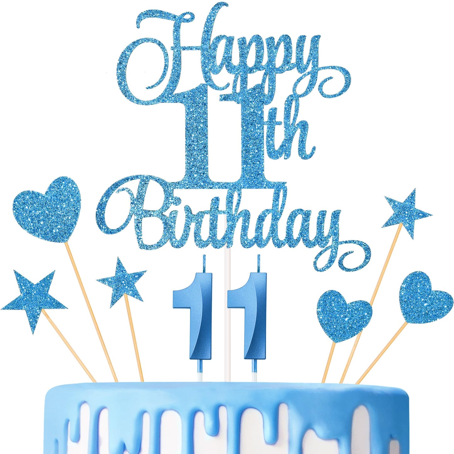 Lecferrarc 11th Birthday Cake Decorations Set, Blue Numeral Candles and Glitter Toppers for Birthday Party Supplies