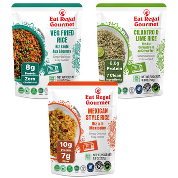 Eat Regal Rice Variety Pack, Fully Cooked Ready to Eat Rice, Ready in 1.5 Minutes, 2x Veg Fried Rice 2x Cilantro Lime Rice 2x Me