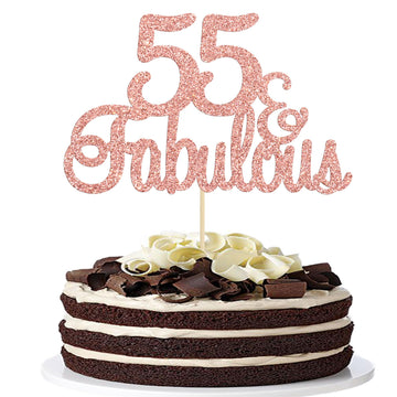 Gyufise 1Pcs 55 & Fabulous Cake Topper Rose Gold Glitter Fifty Five And Fabulous Cake Toppers Happy 55Th Birthday Cake Pick For