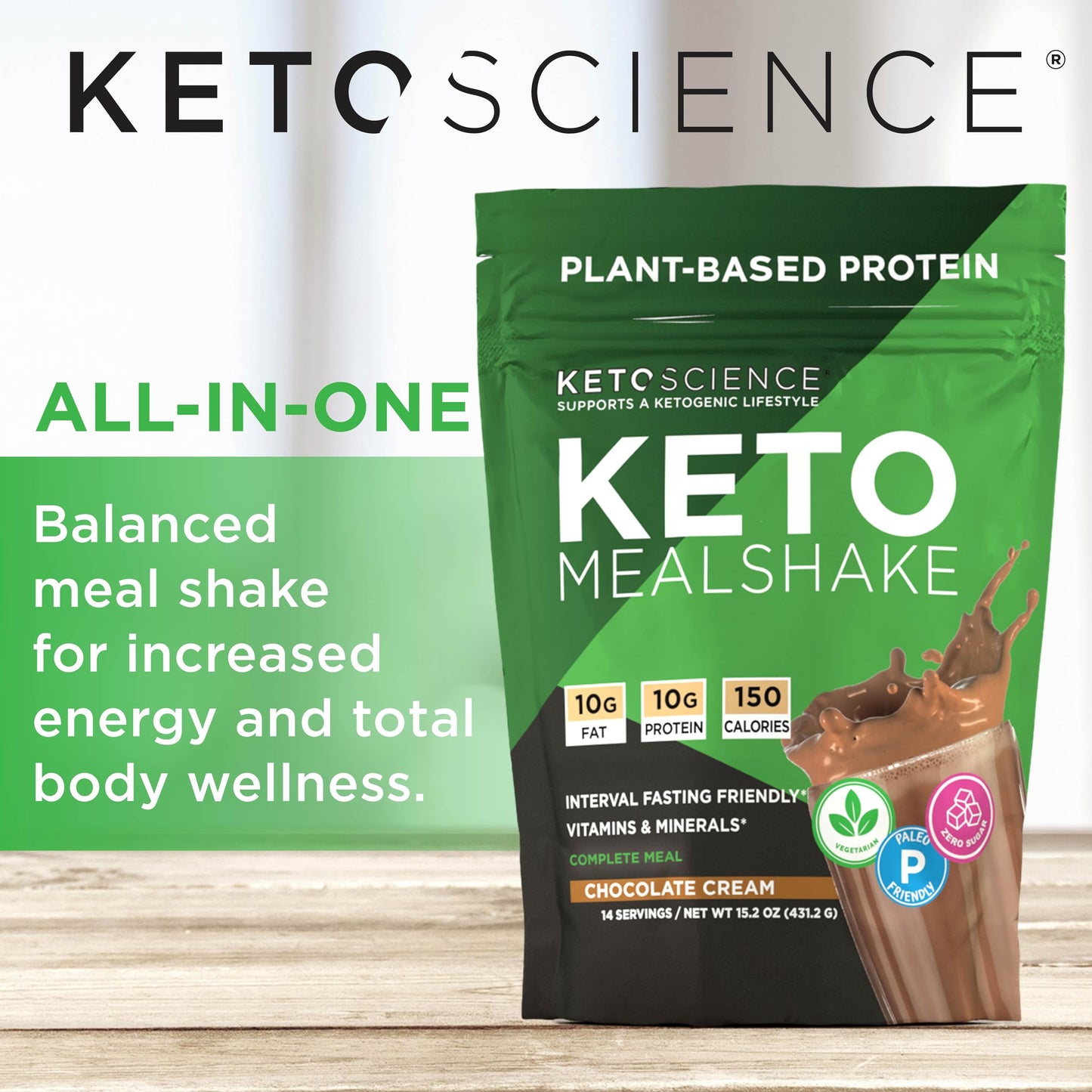 KETO SCIENCE Keto Meal Shake, Plant Based Protein, Chocolate Cream, 15.2 Ounce, Complete Meal Replacement, 14 Servings
