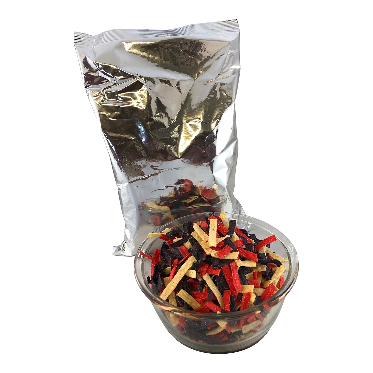 Gourmet Tri Color Tortilla Strips. Crispy Toppings For Southwest Salad And Snacking. Two 16 Ounce Stay Fresh Bag Packs