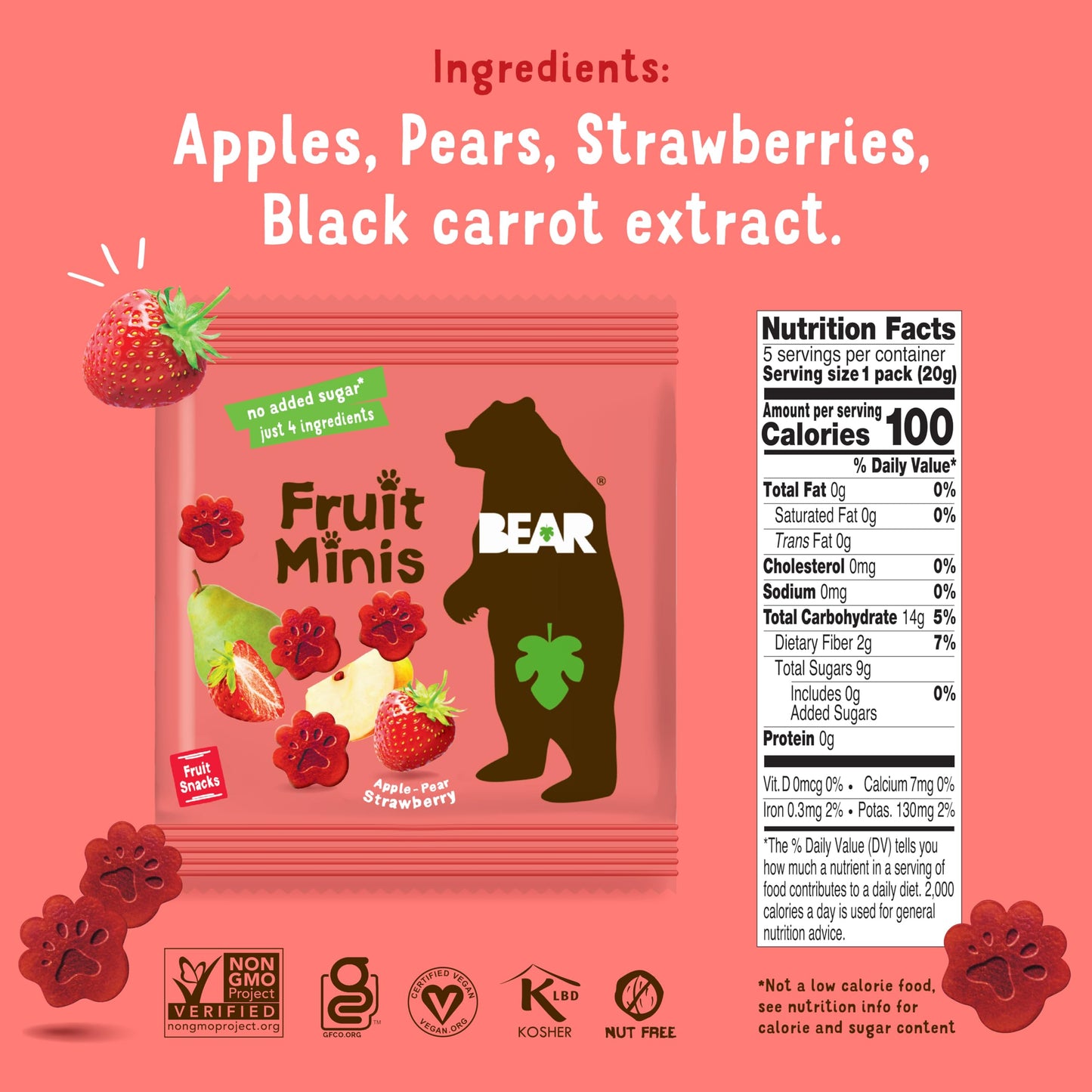 Bear Yoyo Strawberry Flavored Mini Fruit Rolls, Multi Pack, No Added Sugar, 3.5 Ounces (Pack Of 4)
