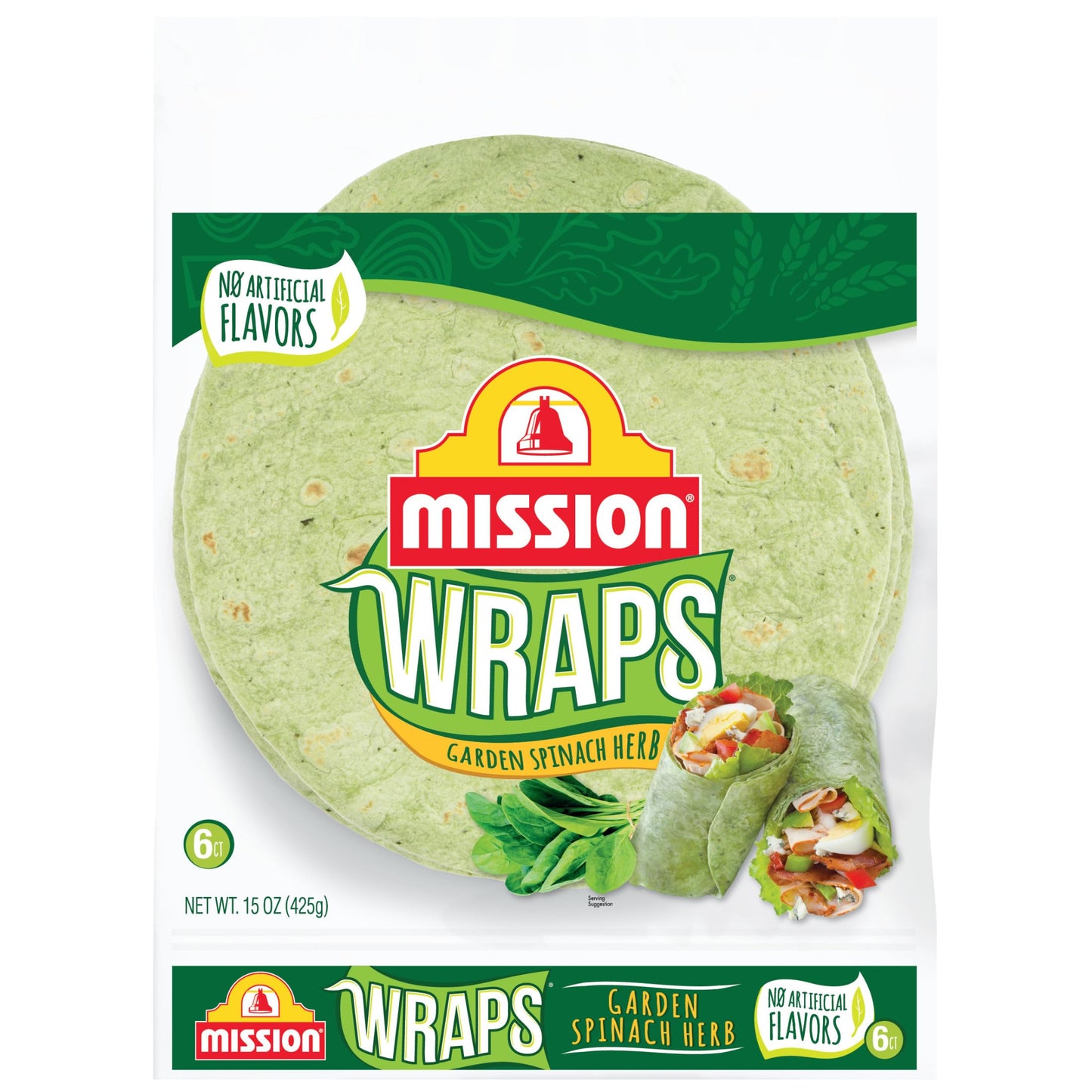 Mission Garden Spinach Herb Wraps, Soft Veggie Wraps, 6 Count, Trans Fat Free