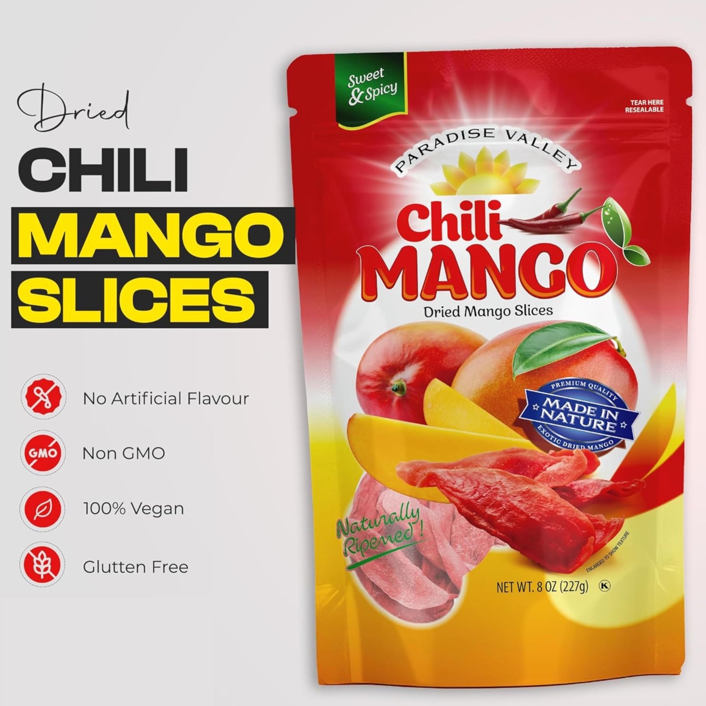 Dried Mango Slices - Delicious Texture Soft & Juicy Low Sugar Added Dried Mango - Naturally Ripened Mangos Dried Fruits - Gluten Free Dry Mangoes Natural Source of Vitamin C  Fiber  (8 oz chili)