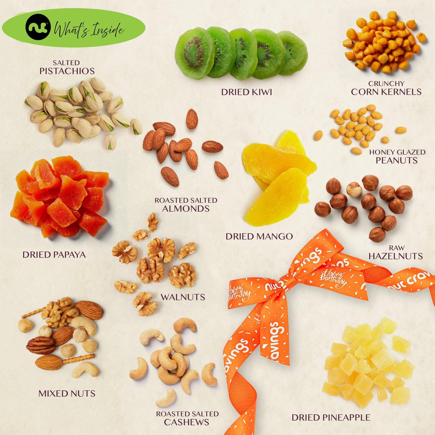 Nut Cravings Gourmet Collection - Happy Birthday Treats, Dried Fruit & Mixed Nuts Gift Basket With Bday Ribbon In Reusable Woode