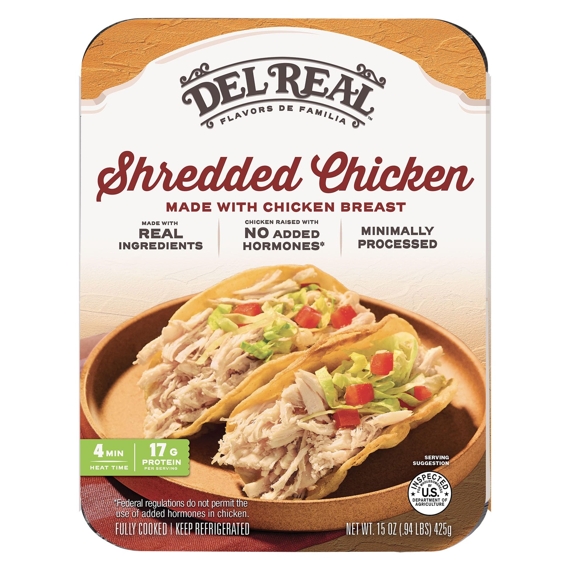 Del Real Foods Shredded Chicken, Pollo Deshebrado - Authentic Mexican, Ready to Eat, Family Size, Meal Prep Pack, Heat & Serve, 