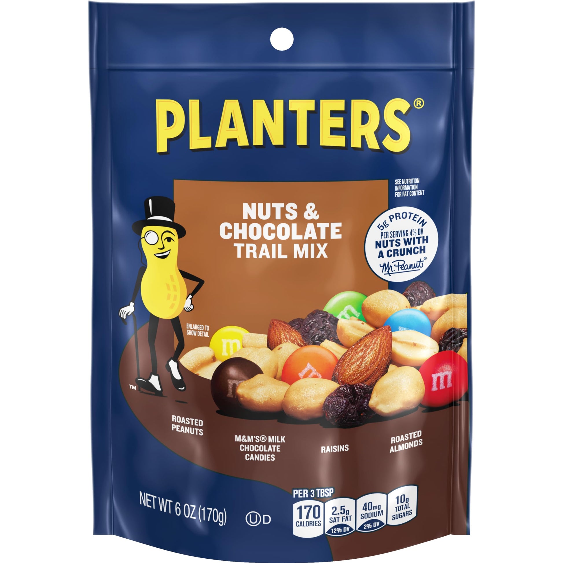 Planters Nuts & Chocolate Trail Mix with Roasted Peanuts (M&M Chocolate Candies, Raisins & Roasted Almonds, 12 ct Pack, 6 oz Bag
