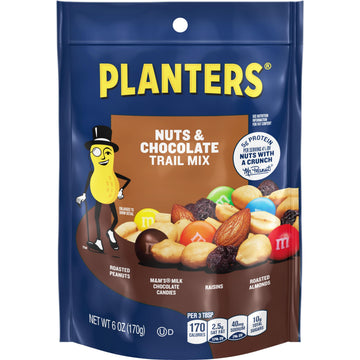 Planters Nuts & Chocolate Trail Mix with Roasted Peanuts (M&M Chocolate Candies, Raisins & Roasted Almonds, 12 ct Pack, 6 oz Bag