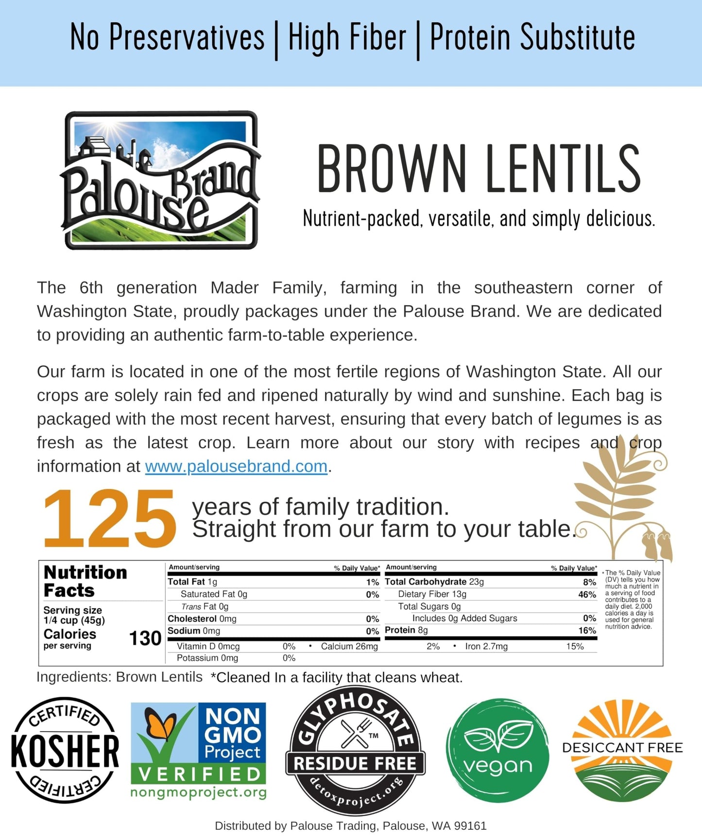 Non-Gmo Project Verified Brown Lentils | Certified Glyphosate Residue Free | 1 Lb Pouch | 100% Non-Irradiated | Kosher Parve | U