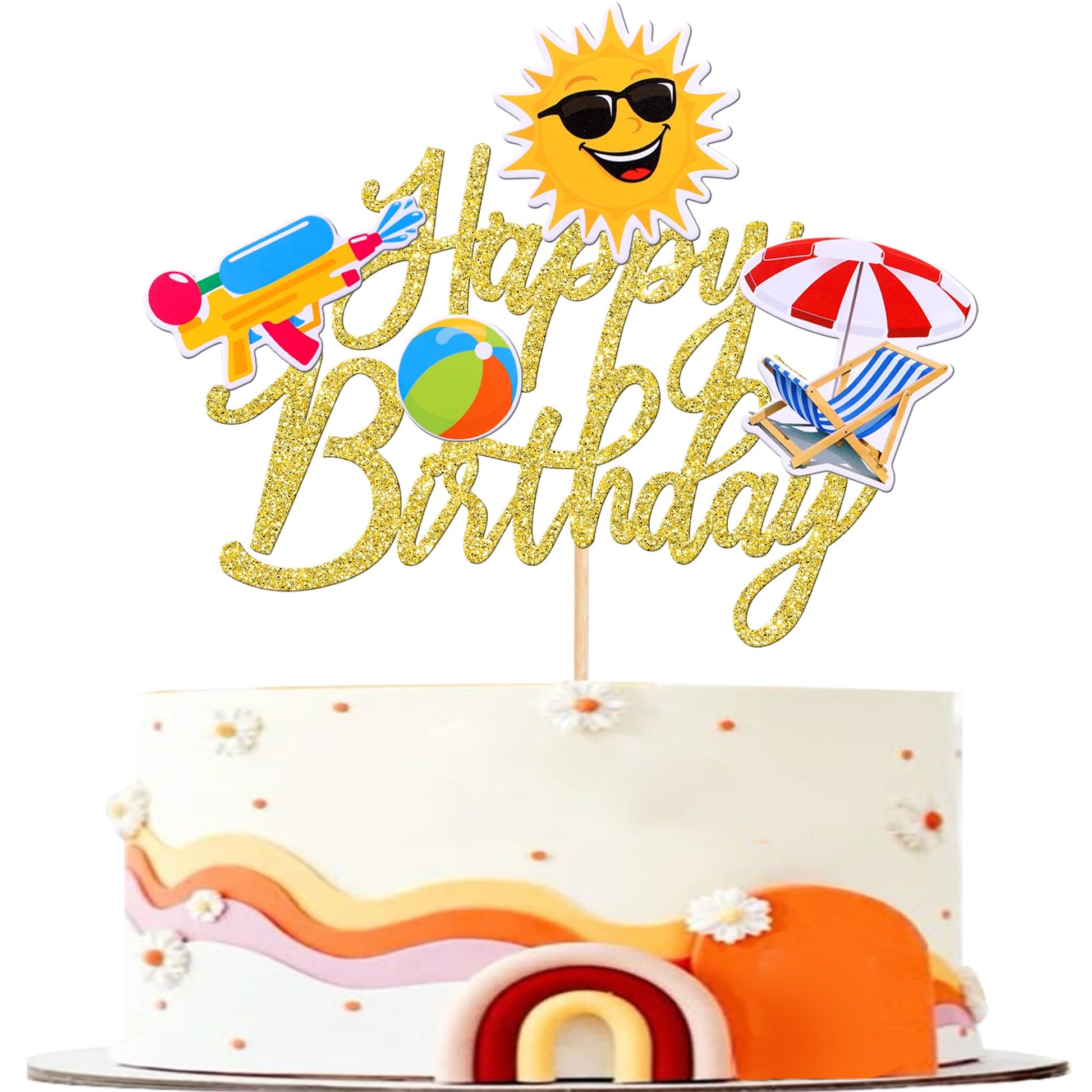 ZHUOWEISM Summer Beach Cake Topper - Glitter Gold Sun Umbrella Water Gun for Birthday Party Decorations