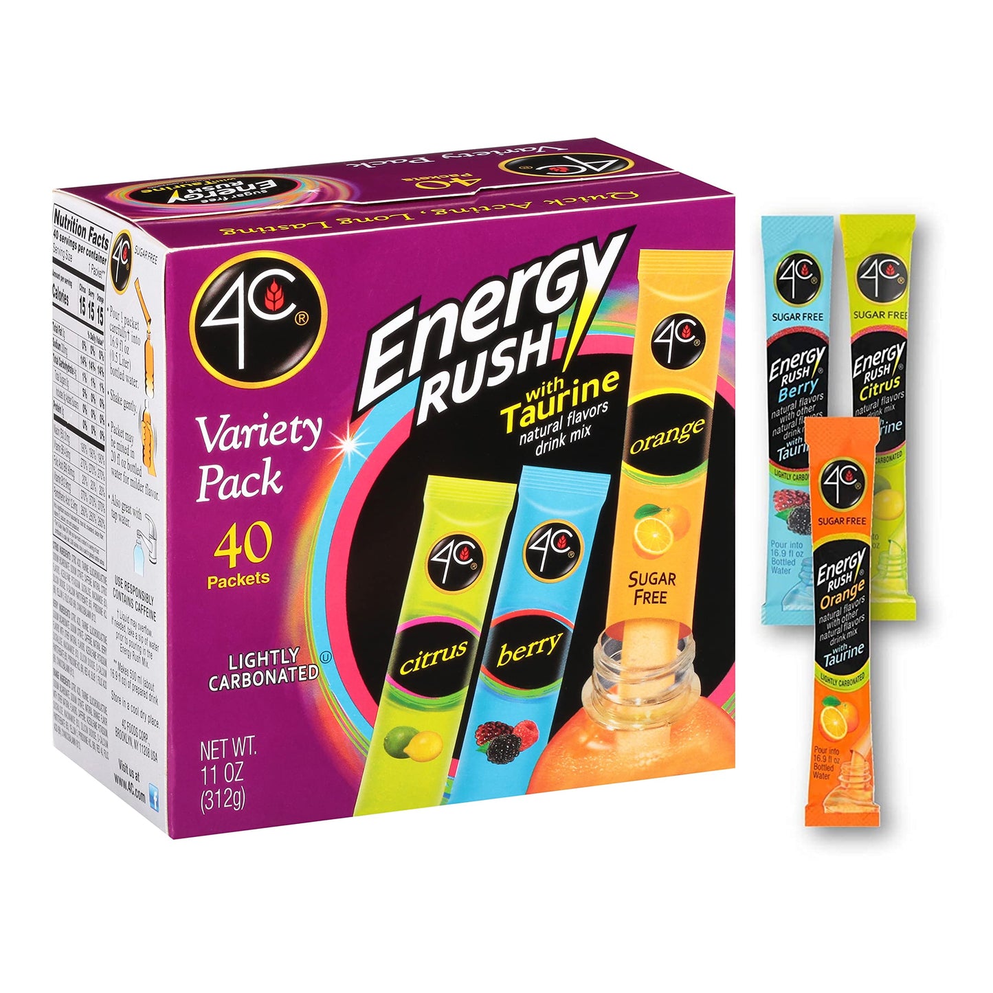 4C Energy Rush Stix Variety Pack, 40 Count, Sugar Free Water Flavoring Packets, On the Go, Model -102021-v5