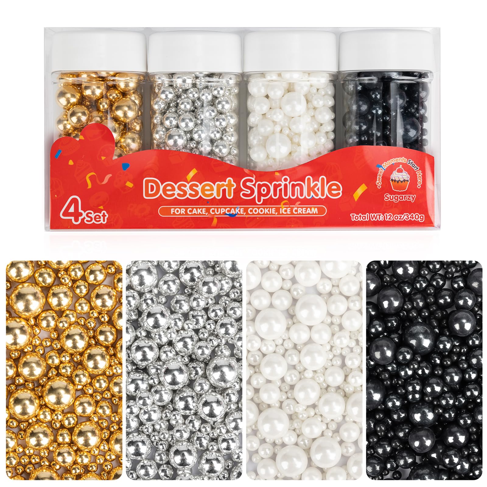 Valentine Edible Pearl Sprinkles for Cake Decorating,4 Pack,5.3oz,Gold Silver White and Black Sugar Pearls Sprinkle Mix,Perfect 