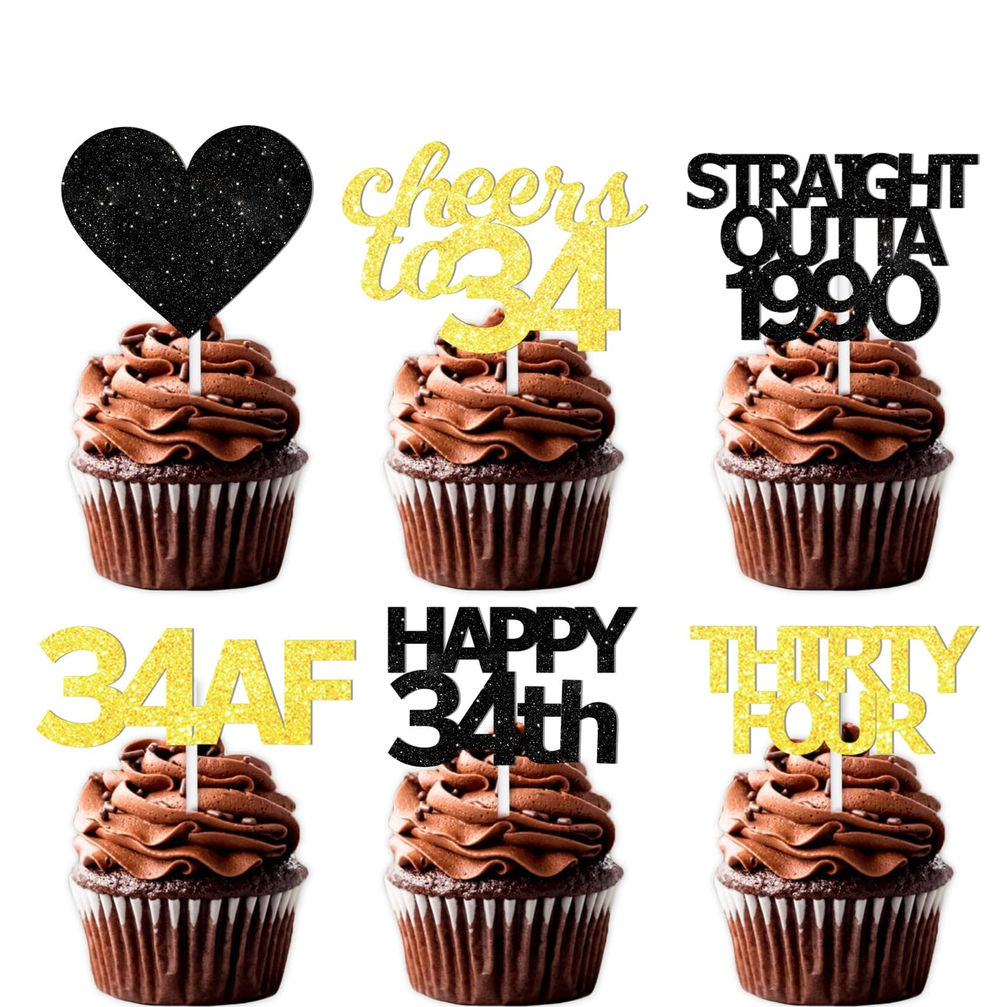 18Pcs Black Gold Glitter Dessert Cupcake Pick For Straight Outta 1990 Cheer To 34 Years Old Theme Decor Supplies Happy 34Th Birt