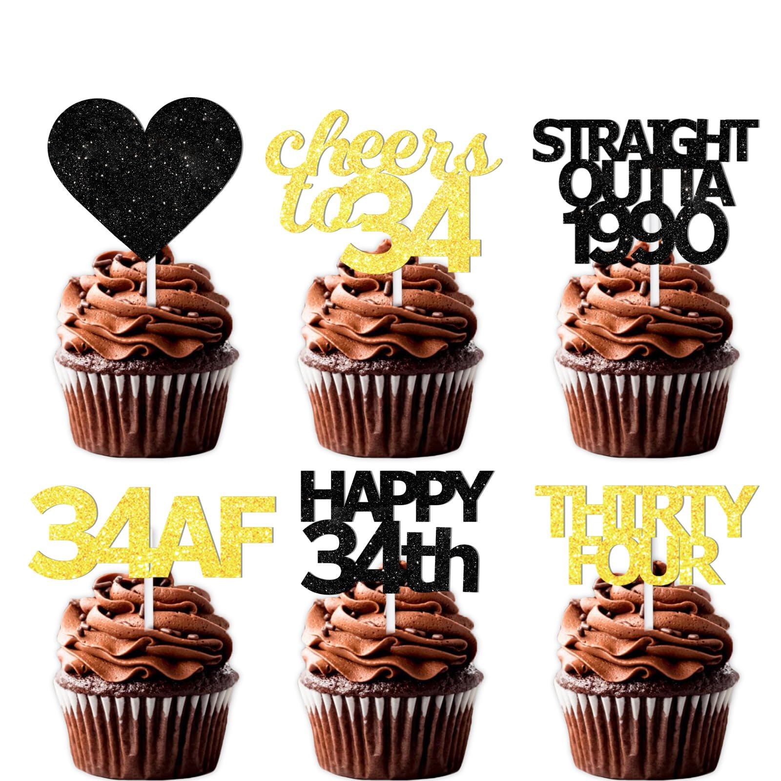 18Pcs Black Gold Glitter Dessert Cupcake Pick For Straight Outta 1990 Cheer To 34 Years Old Theme Decor Supplies Happy 34Th Birt