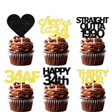 18Pcs Black Gold Glitter Dessert Cupcake Pick For Straight Outta 1990 Cheer To 34 Years Old Theme Decor Supplies Happy 34Th Birt