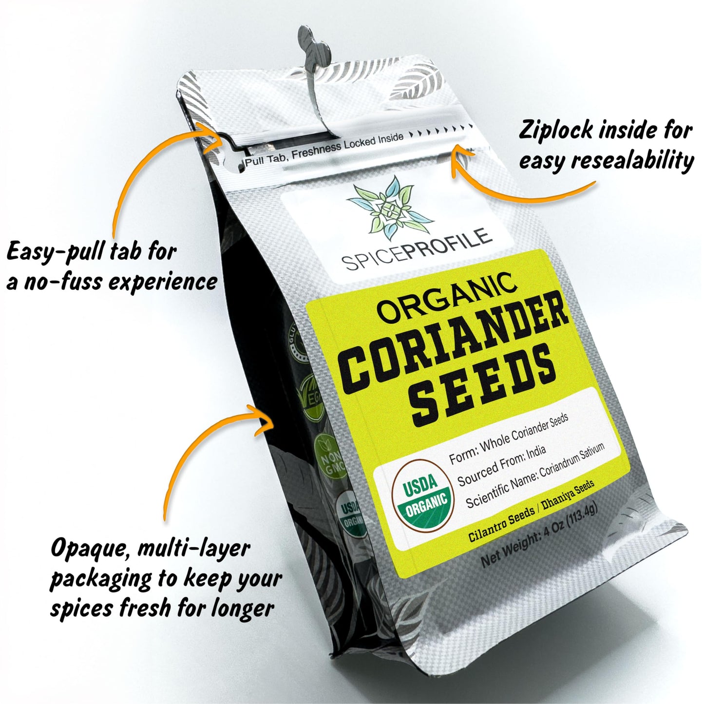 Spice Profile USDA Organic Coriander Seeds  Lab Tested for Heavy Metals  Resealable 4oz Pouch  Dhaniya  Semillas de Cilantro