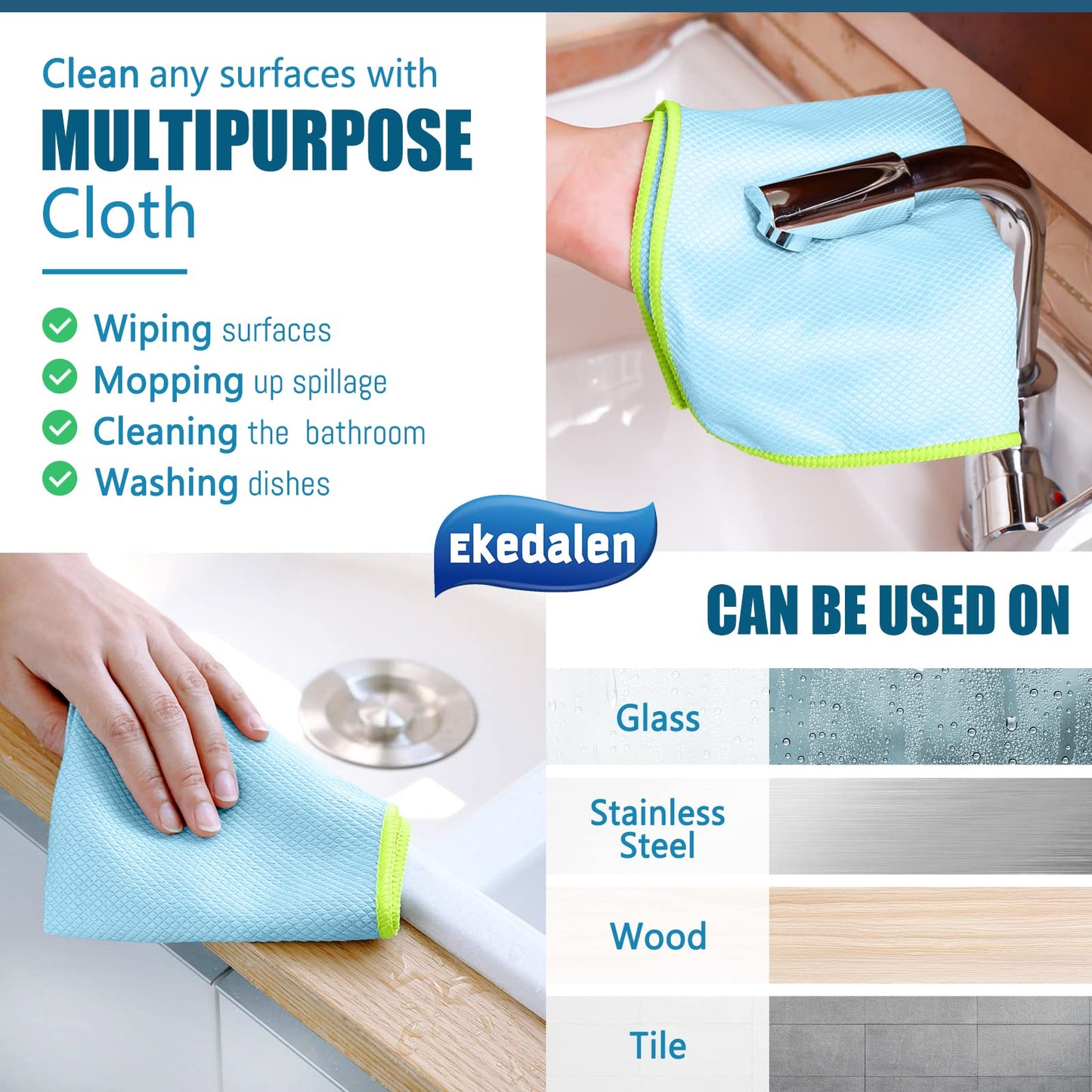 Ekedalen Miracle Microfiber Cleaning Cloths - Streak Free, Lint Free, 12x16, Light Grey, Reusable, Pack of 8 for Kitchen & Home